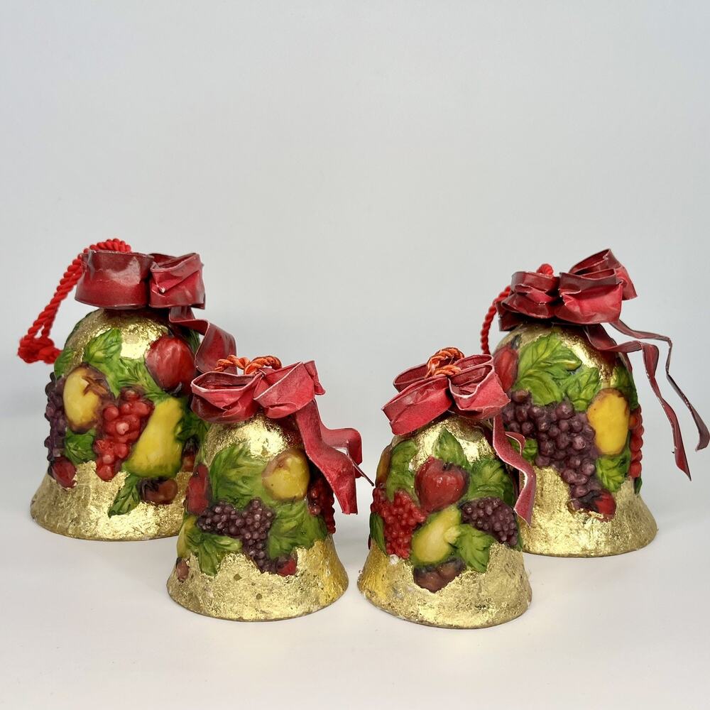 Dept 56 Gold Foil Bells Raised Fruit Design Ornament Wired Ribbon HTF Set Of 4